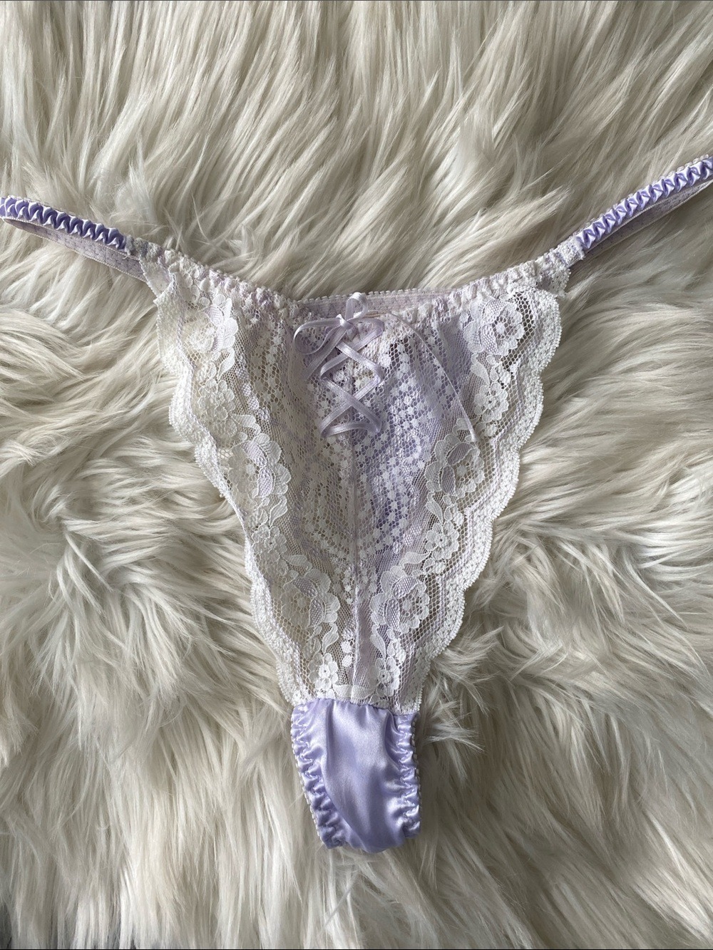 Vintage lace Satin-Trim Thong Panty in Light Lavender - Women Intimates - Picture 1 of 6